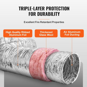 25ft 6 Inch Insulated Flexible Owens Corning Insulation Cotton Ducting Dryer Vent Hose with 2 Duct Clamps