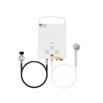 Calentador de agua portátil sin tanque de propano de 5 L con bomba de agua, 34 000 BTU y 1,32 GPM, sistema de agua caliente instantánea para exteriores, color blanco TMYD-01020110