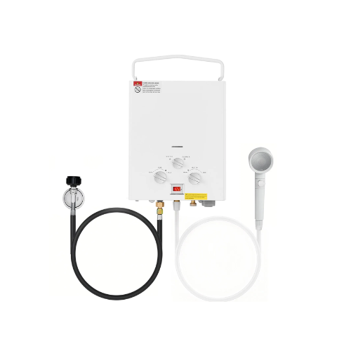 Calentador de agua portátil sin tanque de propano de 5 L con bomba de agua, 34 000 BTU y 1,32 GPM, sistema de agua caliente instantánea para exteriores, color blanco TMYD-01020110