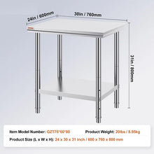 24 X 30 X 32 In Stainless Steel Work Table with 4 Wheels  for Commercial Kitchen Restaurant GZT76-6080