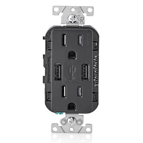 15A 125V Wall Outlet USB Charger Tamper Resistant Receptacle Black T5632-E