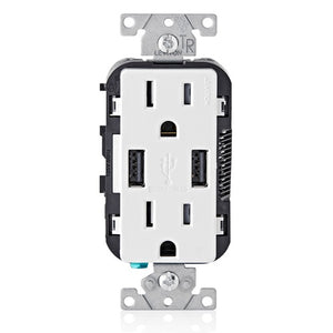 15A 125V Wall Outlet USB Charger Tamper Resistant Receptacle White T5632-W