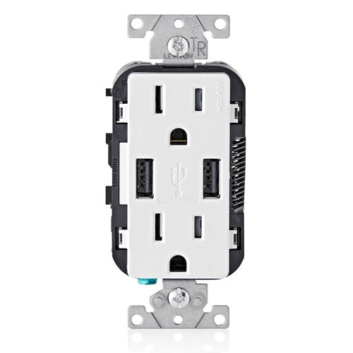 15A 125V Wall Outlet USB Charger Tamper Resistant Receptacle White T5632-W