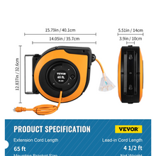 65ft Retractable Extension Cord Reel 12AWG/3C SJTOW Power Cord Orange