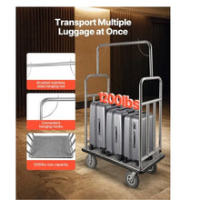 Hotel Luggage Cart 1200 LBS Load Capacity Brushed Stainless Steel Finish Valet Cart with Grey Carpeted Deck and 8-inch Rubber Wheels