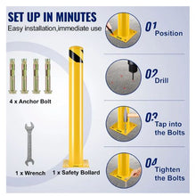 Safety Barrier Bollard 4-1/2" OD 36" Height Yellow Powder Coat Pipe Steel Safety Barrier with 4 Free Anchor Bolts