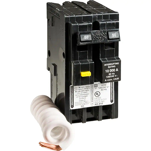 Square D HOM250GFI 2 Pole 50 Amp 120/240 VAC 10 kA Mini Plug In Ground Fault On Circuit Breaker