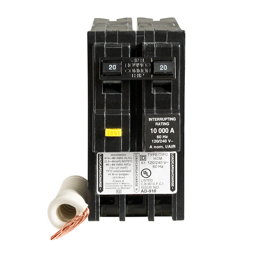 Square D HOM220GFI 2 Pole 20 Amp 120/240 VAC 10 kA Plug In Ground Fault Circuit Breaker