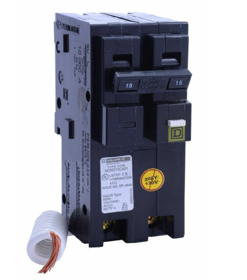 Square D HOM215CAFI 2 Pole 15 Amp 120 VAC 10 kA Plug On Circuit Breaker