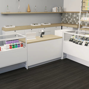 55" Deluxe Cash Wrap Retail Counters Wide-Matte White With Raw Oak Top Econoco DDCW55