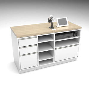 55" Deluxe Cash Wrap Retail Counters Wide-Matte White With Raw Oak Top Econoco DDCW55