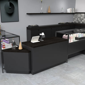 55" Deluxe Cash Wrap Retail Counters Wide-Matte Black With Black Woodgrain Top Econoco DDCW55BLG
