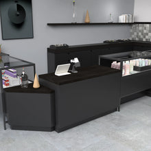 Deluxe Corner Retail Pedestal Counters - Matte Black With Black Woodgrain Top Econoco DDPED22BLG