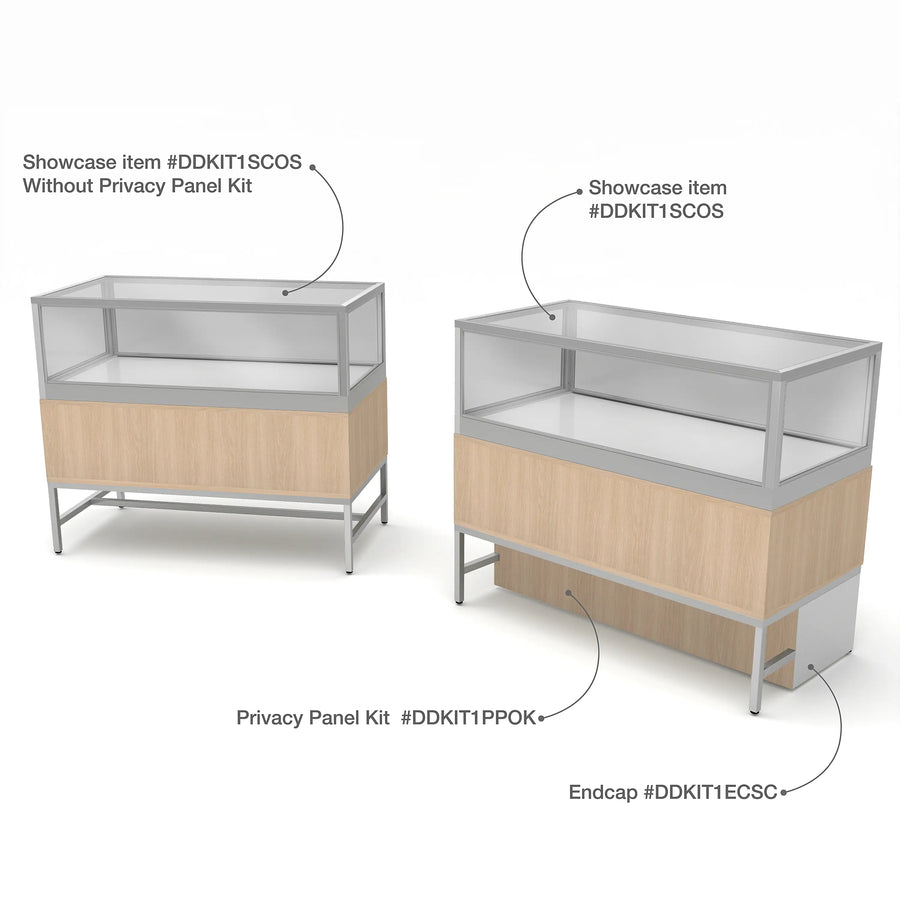 Privacy Panels for Deluxe Glass Showcase Display Cabinet with Storage Drawers - End Panel Satin Chrome Econoco DDKIT1ECSC