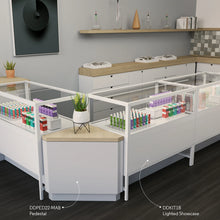 Deluxe Corner Retail Pedestal Counters - Matte White With Raw Oak Top Econoco DDPED22