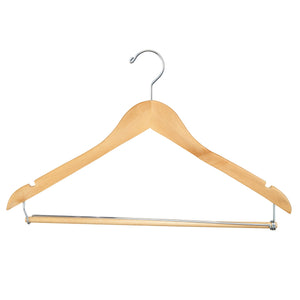 Large Natural Wood Suit Hanger  Notched, Chrome Hook & Pants Bar